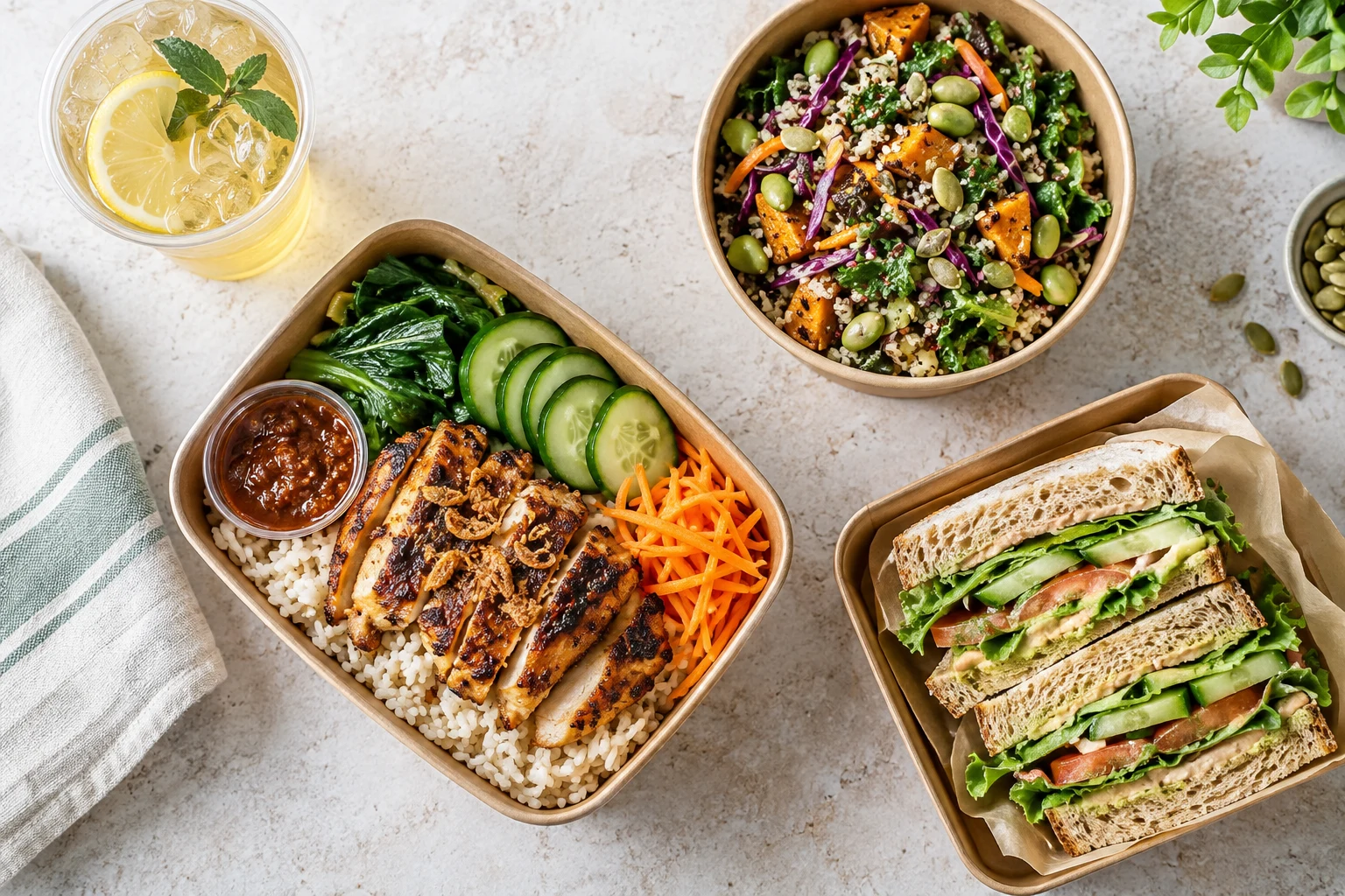 Illustrative fresh lunch selection with grilled chicken bento, colourful grain salad, sandwich and lemon drink