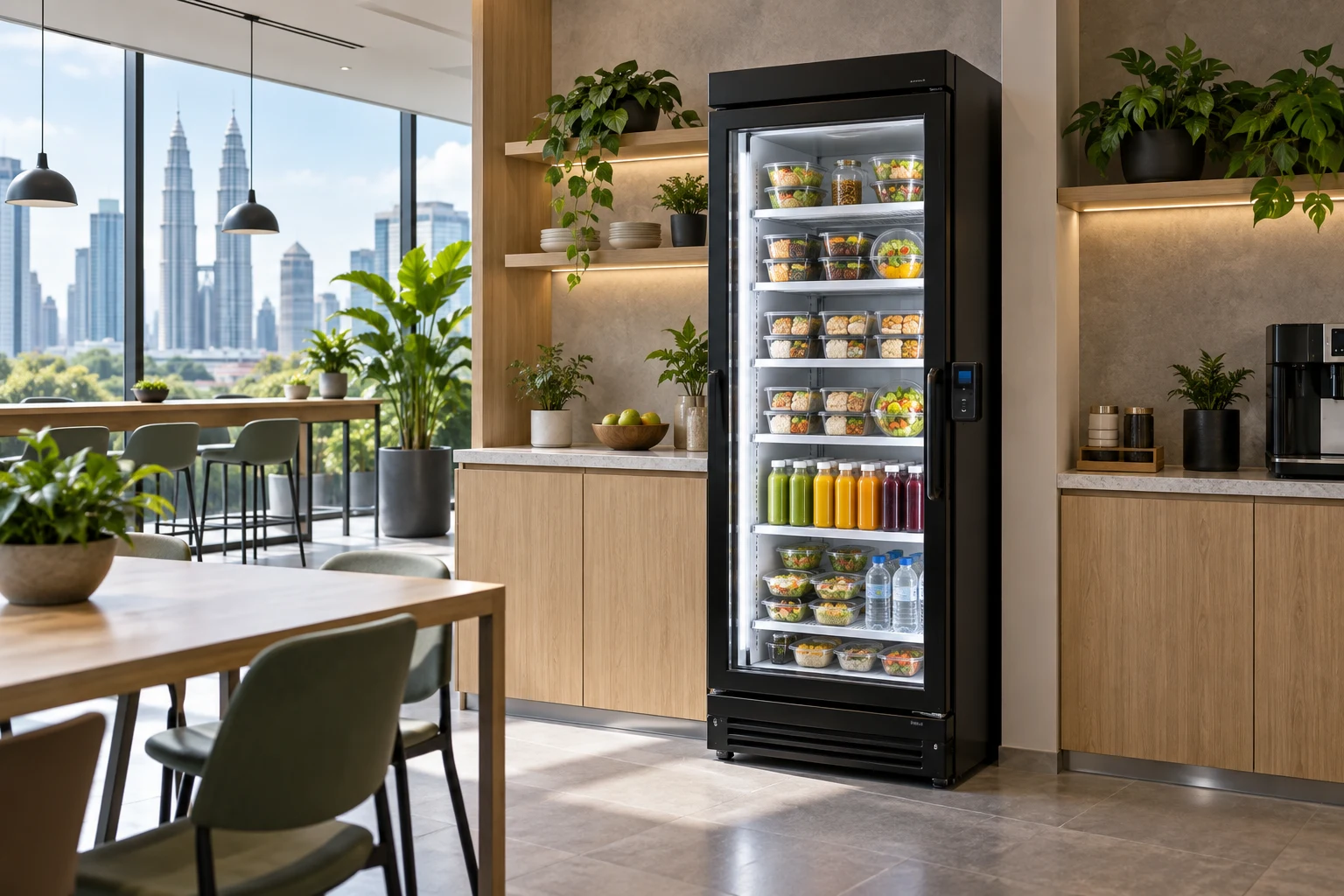 Concept of an illuminated glass-front smart chiller stocked with fresh food in a modern Kuala Lumpur office pantry